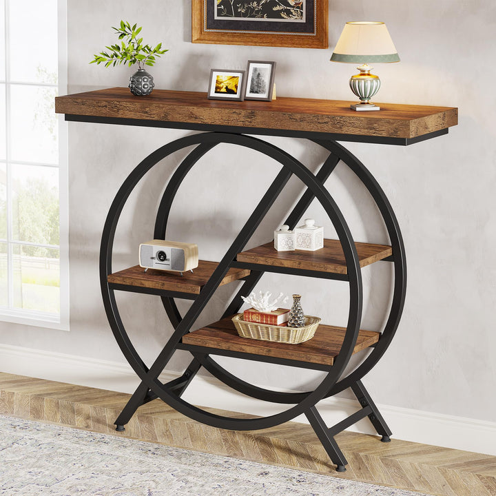 Tribesigns Console Table, 39.4-Inch Entryway Table with Thickened Tabletop, 4- Tier Industrial Narrow Hallway Sofa Table with Geometric Metal Frame for Living Room, Entryway, Rustic Brown 