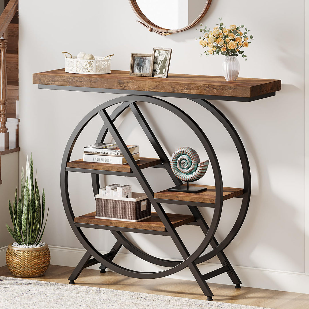 Tribesigns Console Table, 39.4-Inch Entryway Table with Thickened Tabletop, 4- Tier Industrial Narrow Hallway Sofa Table with Geometric Metal Frame for Living Room, Entryway, Rustic Brown 