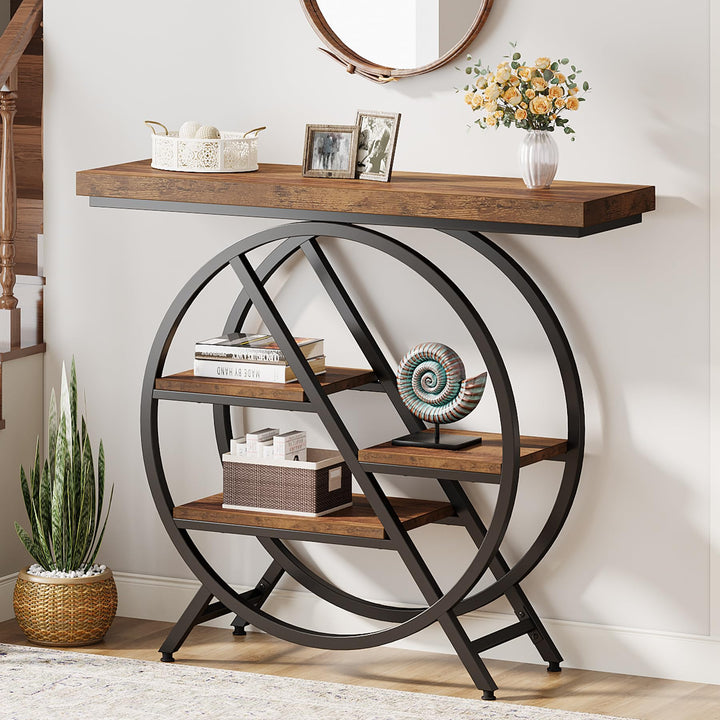 Tribesigns Console Table, 39.4-Inch Entryway Table with Thickened Tabletop, 4- Tier Industrial Narrow Hallway Sofa Table with Geometric Metal Frame for Living Room, Entryway, Rustic Brown 