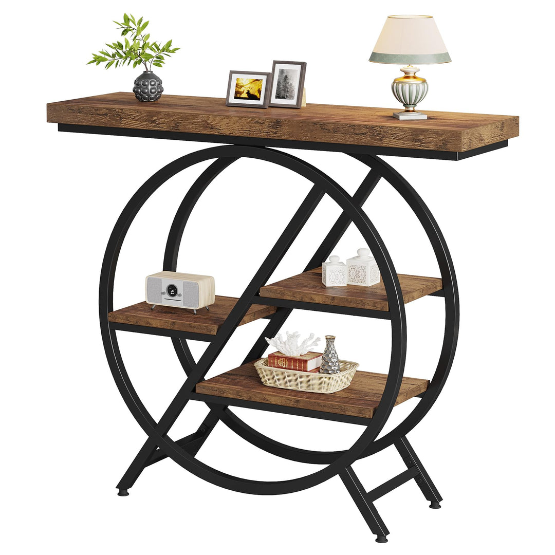 Tribesigns Console Table, 39.4-Inch Entryway Table with Thickened Tabletop, 4- Tier Industrial Narrow Hallway Sofa Table with Geometric Metal Frame for Living Room, Entryway, Rustic Brown 