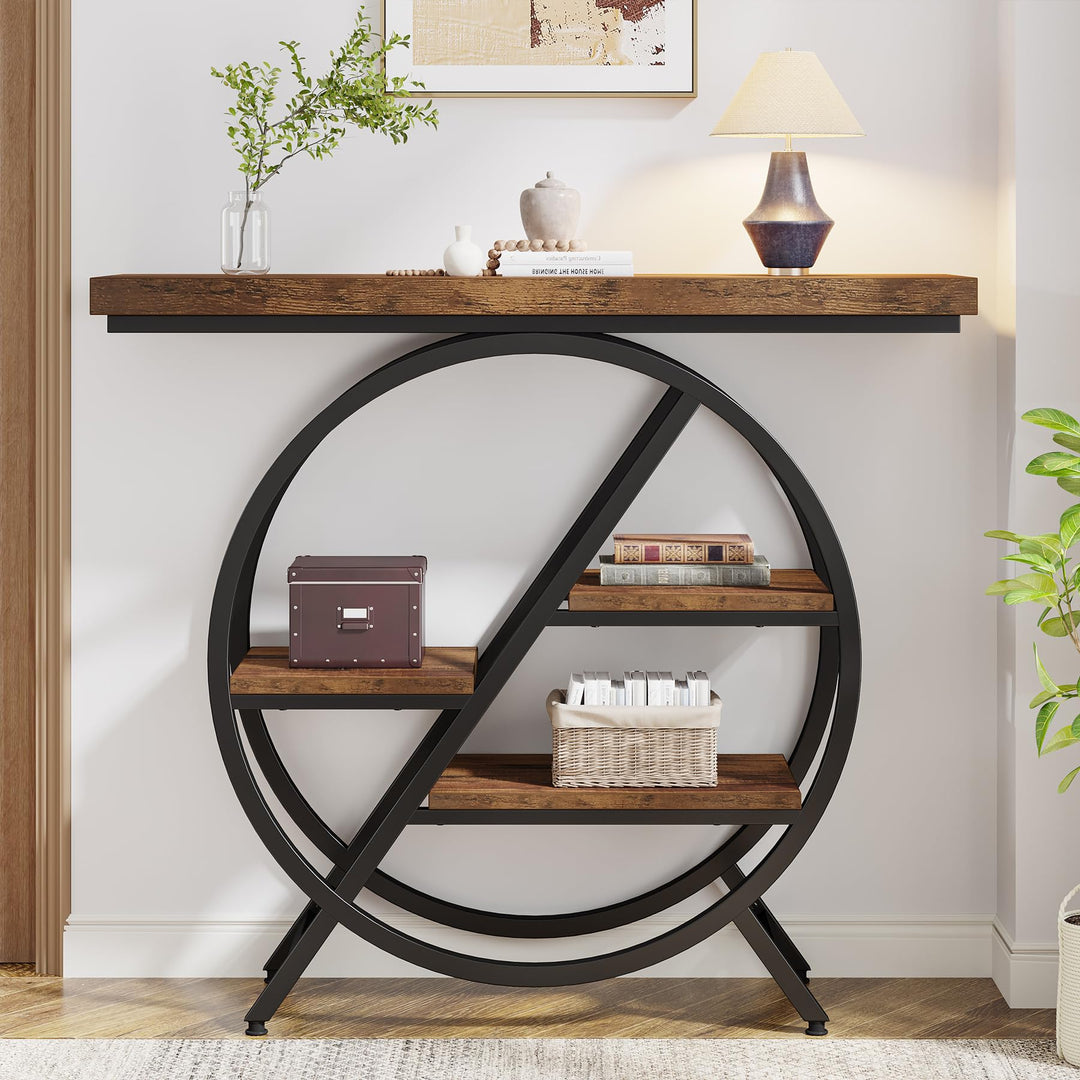 Tribesigns Console Table, 39.4-Inch Entryway Table with Thickened Tabletop, 4- Tier Industrial Narrow Hallway Sofa Table with Geometric Metal Frame for Living Room, Entryway, Rustic Brown 