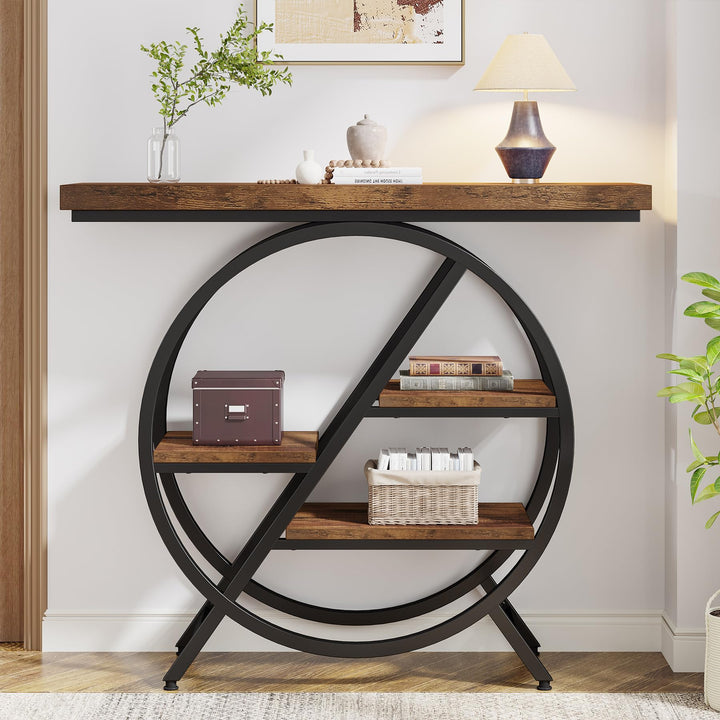 Tribesigns Console Table, 39.4-Inch Entryway Table with Thickened Tabletop, 4- Tier Industrial Narrow Hallway Sofa Table with Geometric Metal Frame for Living Room, Entryway, Rustic Brown 