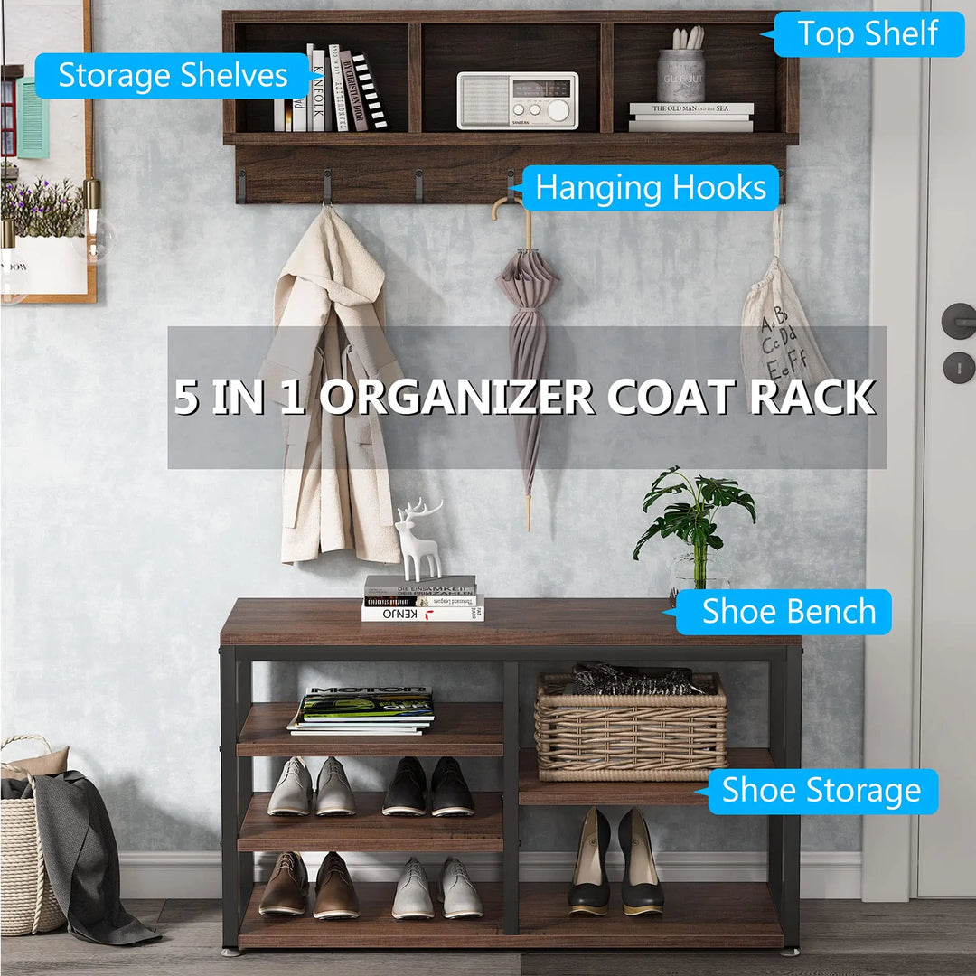 Tribesigns Industrial [Shoe] [Rack] [Bench] with Coat [Rack] Set with Hall Tree, 3 Storage Cubbies, 7 Hooks for Entryway, Hallway, 5-in-1Design, Rustic Brown 