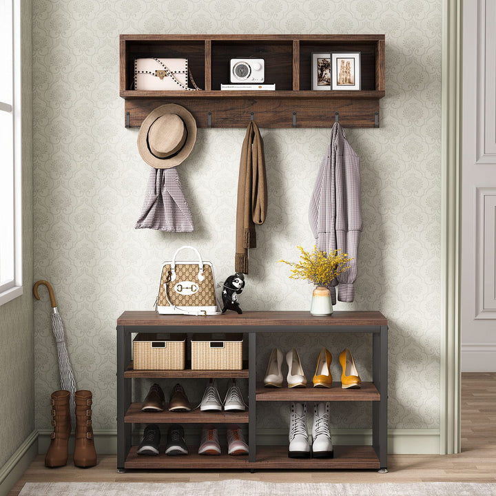 Tribesigns Industrial [Shoe] [Rack] [Bench] with Coat [Rack] Set with Hall Tree, 3 Storage Cubbies, 7 Hooks for Entryway, Hallway, 5-in-1Design, Rustic Brown 