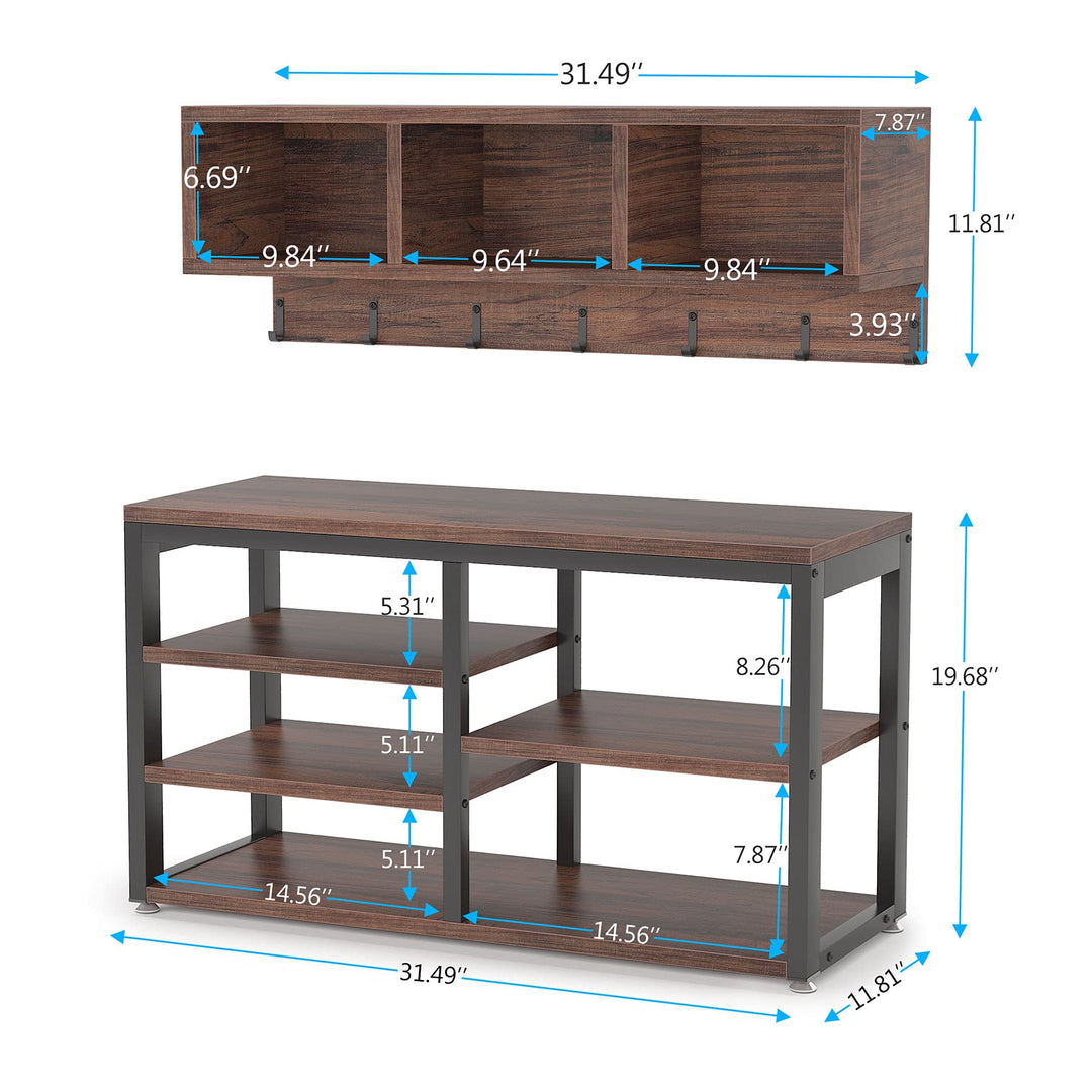 Tribesigns Industrial [Shoe] [Rack] [Bench] with Coat [Rack] Set with Hall Tree, 3 Storage Cubbies, 7 Hooks for Entryway, Hallway, 5-in-1Design, Rustic Brown 