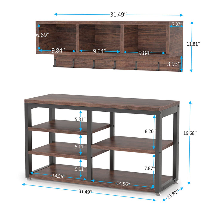 Tribesigns Industrial [Shoe] [Rack] [Bench] with Coat [Rack] Set with Hall Tree, 3 Storage Cubbies, 7 Hooks for Entryway, Hallway, 5-in-1Design, Rustic Brown 