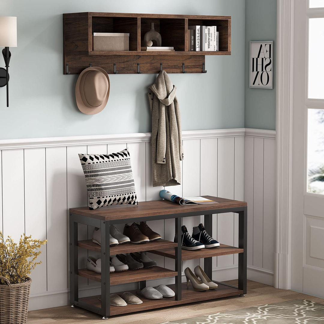 Tribesigns Industrial [Shoe] [Rack] [Bench] with Coat [Rack] Set with Hall Tree, 3 Storage Cubbies, 7 Hooks for Entryway, Hallway, 5-in-1Design, Rustic Brown 