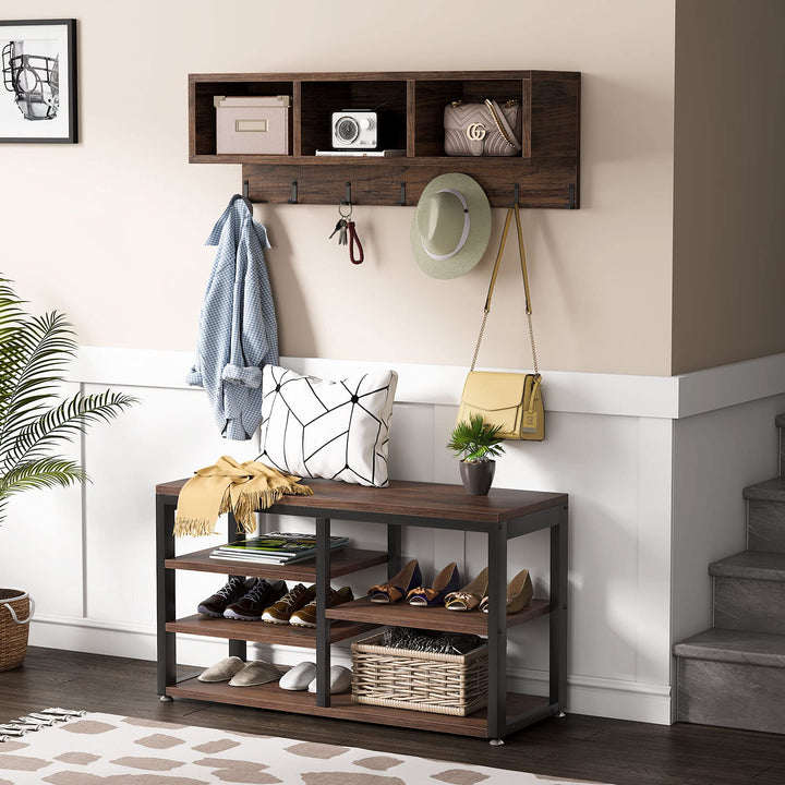 Tribesigns Industrial [Shoe] [Rack] [Bench] with Coat [Rack] Set with Hall Tree, 3 Storage Cubbies, 7 Hooks for Entryway, Hallway, 5-in-1Design, Rustic Brown 