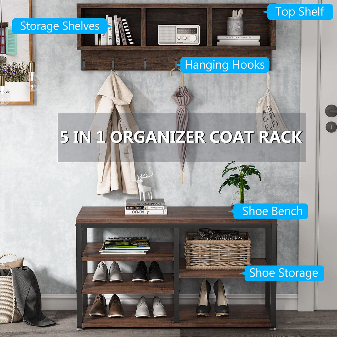 Tribesigns Industrial [Shoe] [Rack] [Bench] with Coat [Rack] Set with Hall Tree, 3 Storage Cubbies, 7 Hooks for Entryway, Hallway, 5-in-1Design, Rustic Brown 