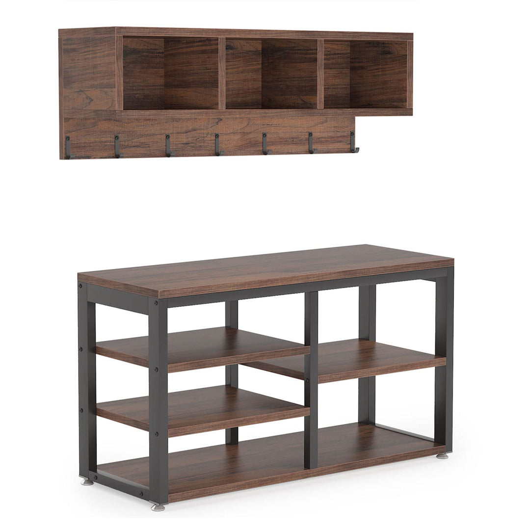 Tribesigns Industrial [Shoe] [Rack] [Bench] with Coat [Rack] Set with Hall Tree, 3 Storage Cubbies, 7 Hooks for Entryway, Hallway, 5-in-1Design, Rustic Brown 