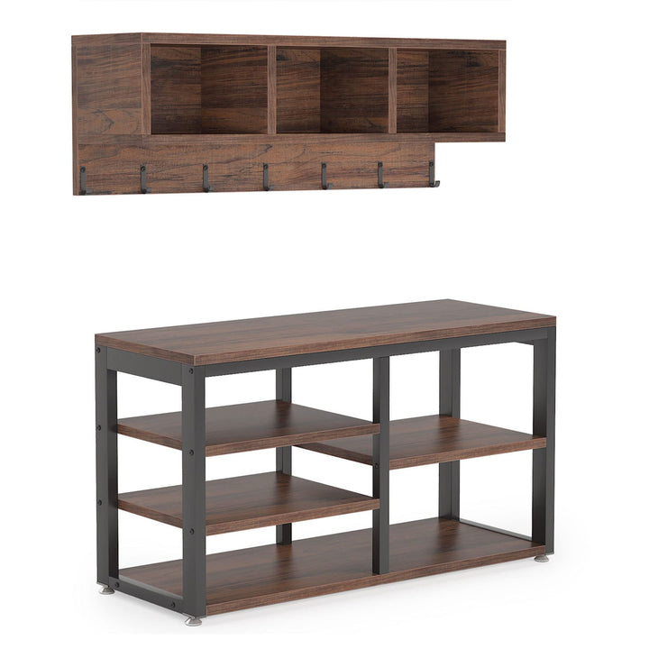 Tribesigns Industrial [Shoe] [Rack] [Bench] with Coat [Rack] Set with Hall Tree, 3 Storage Cubbies, 7 Hooks for Entryway, Hallway, 5-in-1Design, Rustic Brown 