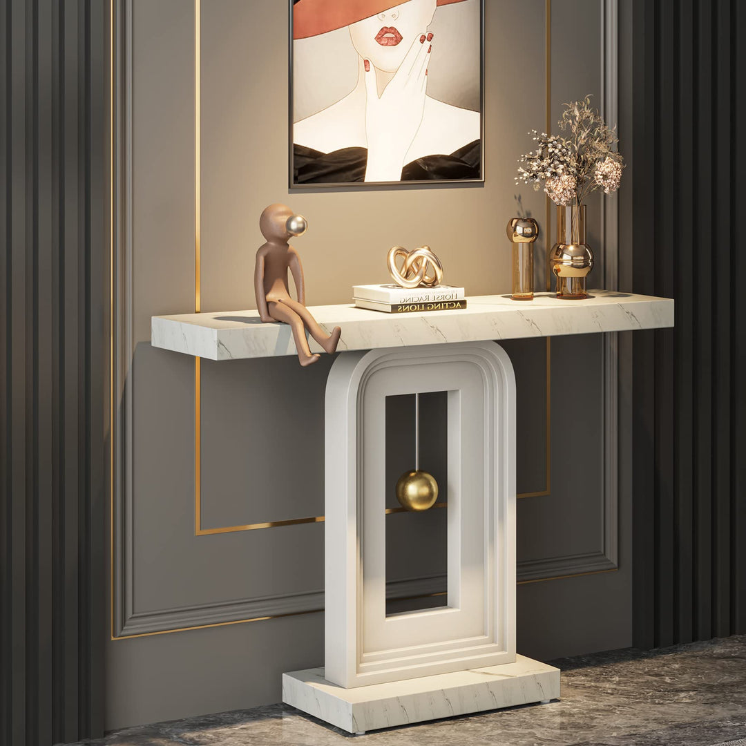 Tribesigns Modern Console Table, 40 Inches Faux Marble Sofa Table, Contemporary Entryway Table with Pendulum Shape Base for Living Room Hallway Entrance, White 