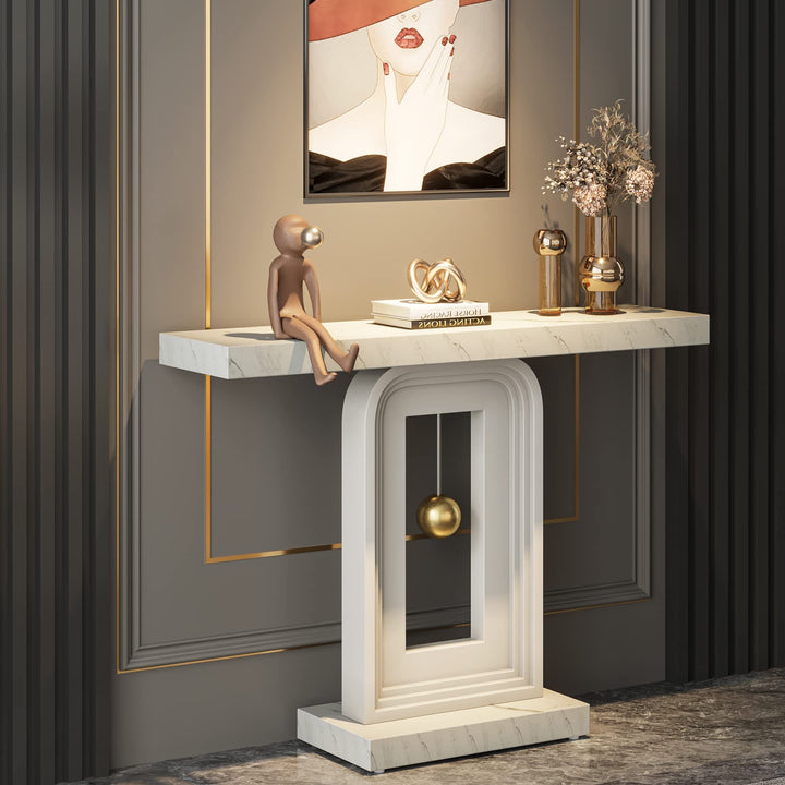 Tribesigns Modern Console Table, 40 Inches Faux Marble Sofa Table, Contemporary Entryway Table with Pendulum Shape Base for Living Room Hallway Entrance, White 