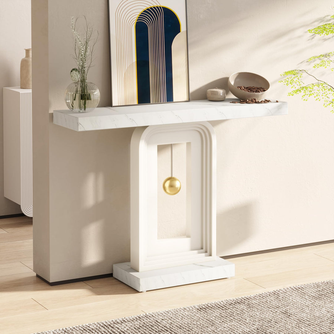 Tribesigns Modern Console Table, 40 Inches Faux Marble Sofa Table, Contemporary Entryway Table with Pendulum Shape Base for Living Room Hallway Entrance, White 
