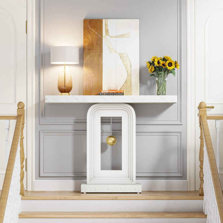 Tribesigns Modern Console Table, 40 Inches Faux Marble Sofa Table, Contemporary Entryway Table with Pendulum Shape Base for Living Room Hallway Entrance, White 