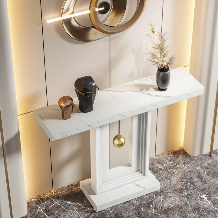 Tribesigns Modern Console Table, 40 Inches Faux Marble Sofa Table, Contemporary Entryway Table with Pendulum Shape Base for Living Room Hallway Entrance, White 