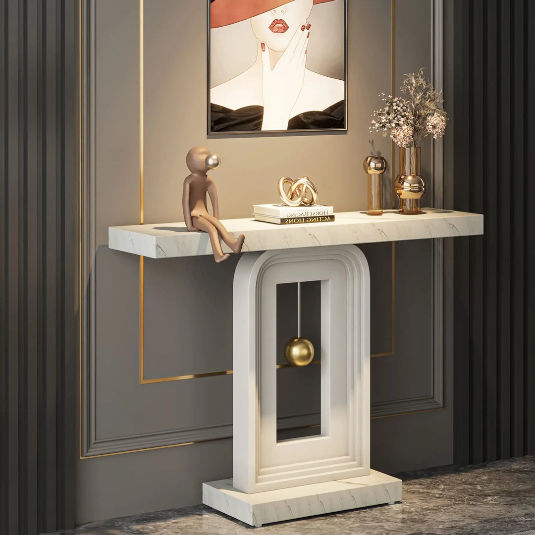 Tribesigns Modern Console Table, 40 Inches Faux Marble Sofa Table, Contemporary Entryway Table with Pendulum Shape Base for Living Room Hallway Entrance, White 