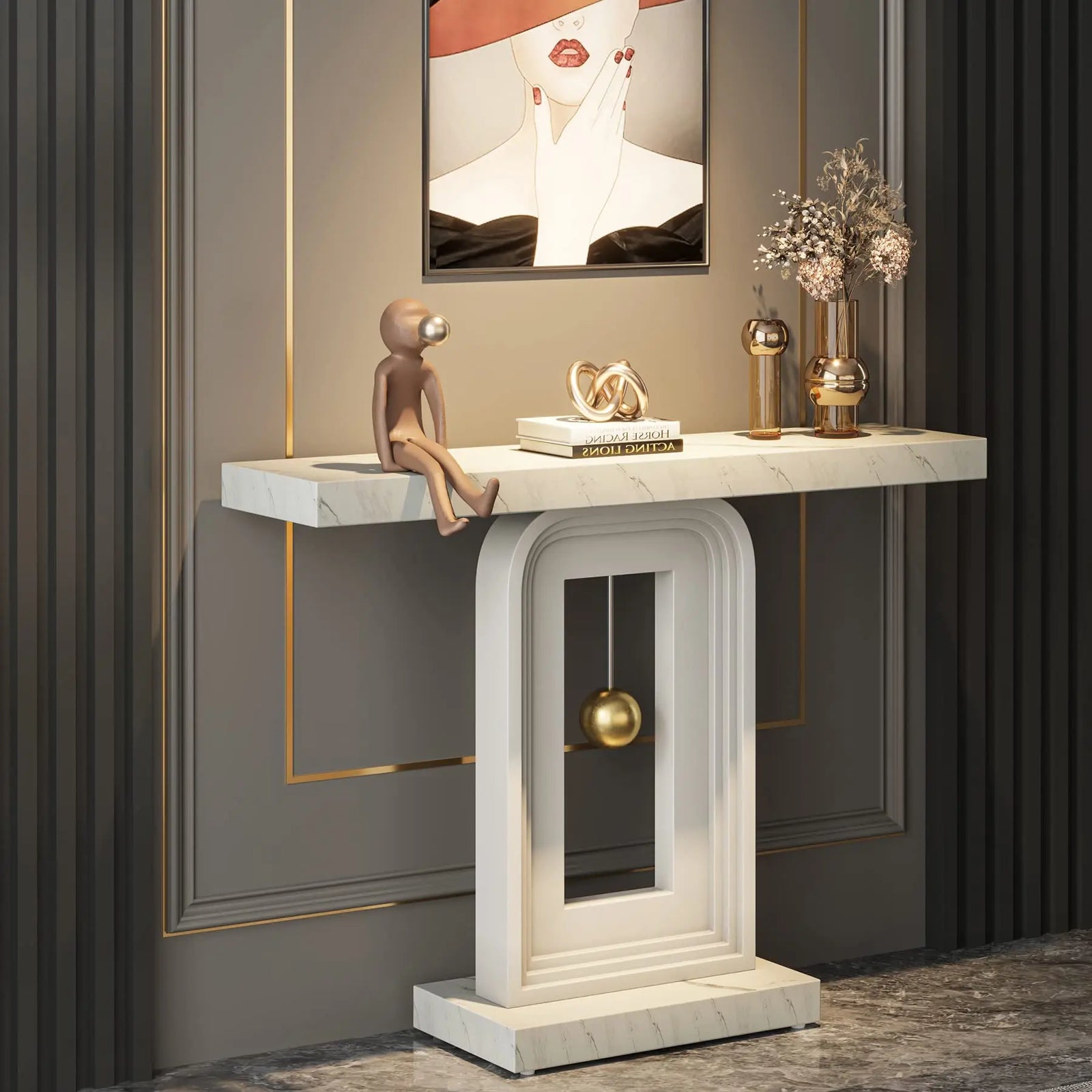 Tribesigns Modern Console Table, 40 Inches Faux Marble Sofa Table, Contemporary Entryway Table with Pendulum Shape Base for Living Room Hallway Entrance, White 