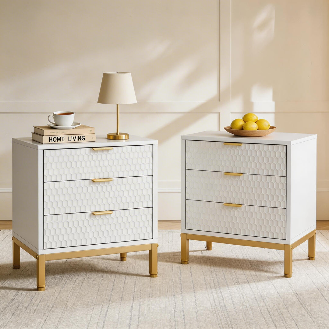 Tribesigns Night Stand Set of 2, 19.7" 3-Drawer Wood Nightstand with Gold Handles &amp; Non-Slip Pads, Bedside Table, Modern Bed Side End Tables for Bedroom, Living Room, Hallway, 2Pcs 