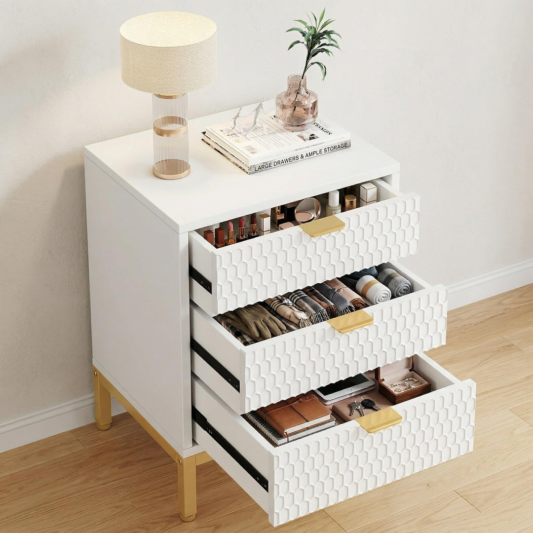 Tribesigns Night Stand Set of 2, 19.7" 3-Drawer Wood Nightstand with Gold Handles &amp; Non-Slip Pads, Bedside Table, Modern Bed Side End Tables for Bedroom, Living Room, Hallway, 2Pcs 
