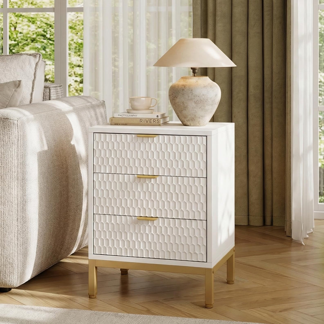 Tribesigns Night Stand Set of 2, 19.7" 3-Drawer Wood Nightstand with Gold Handles &amp; Non-Slip Pads, Bedside Table, Modern Bed Side End Tables for Bedroom, Living Room, Hallway, 2Pcs 