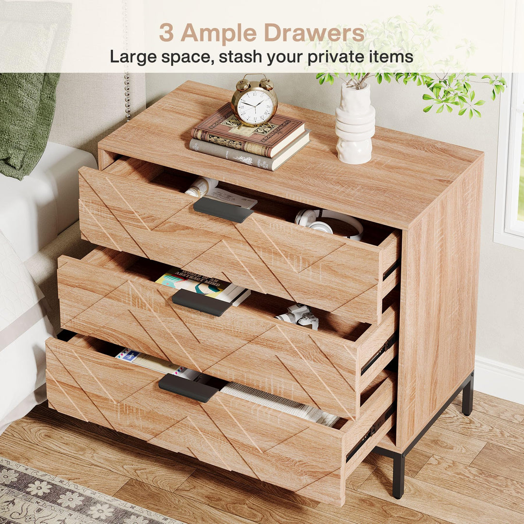Tribesigns Wooden Nightstand Set of 2 with 3 Drawers, 31" Wide Night Stand with Metal Legs, Modern Large Bedside End Table for Bedroom, Living Room 