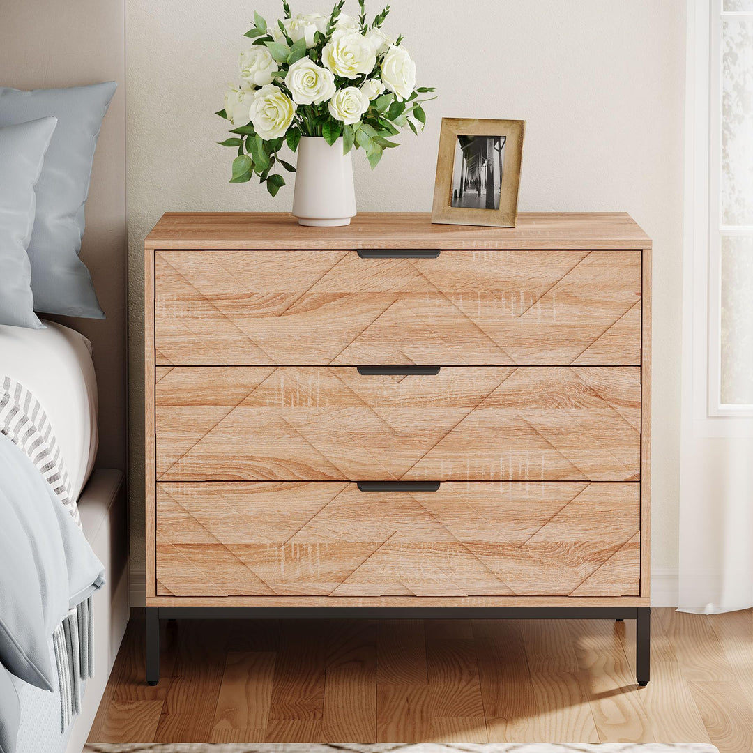 Tribesigns Wooden Nightstand Set of 2 with 3 Drawers, 31" Wide Night Stand with Metal Legs, Modern Large Bedside End Table for Bedroom, Living Room 