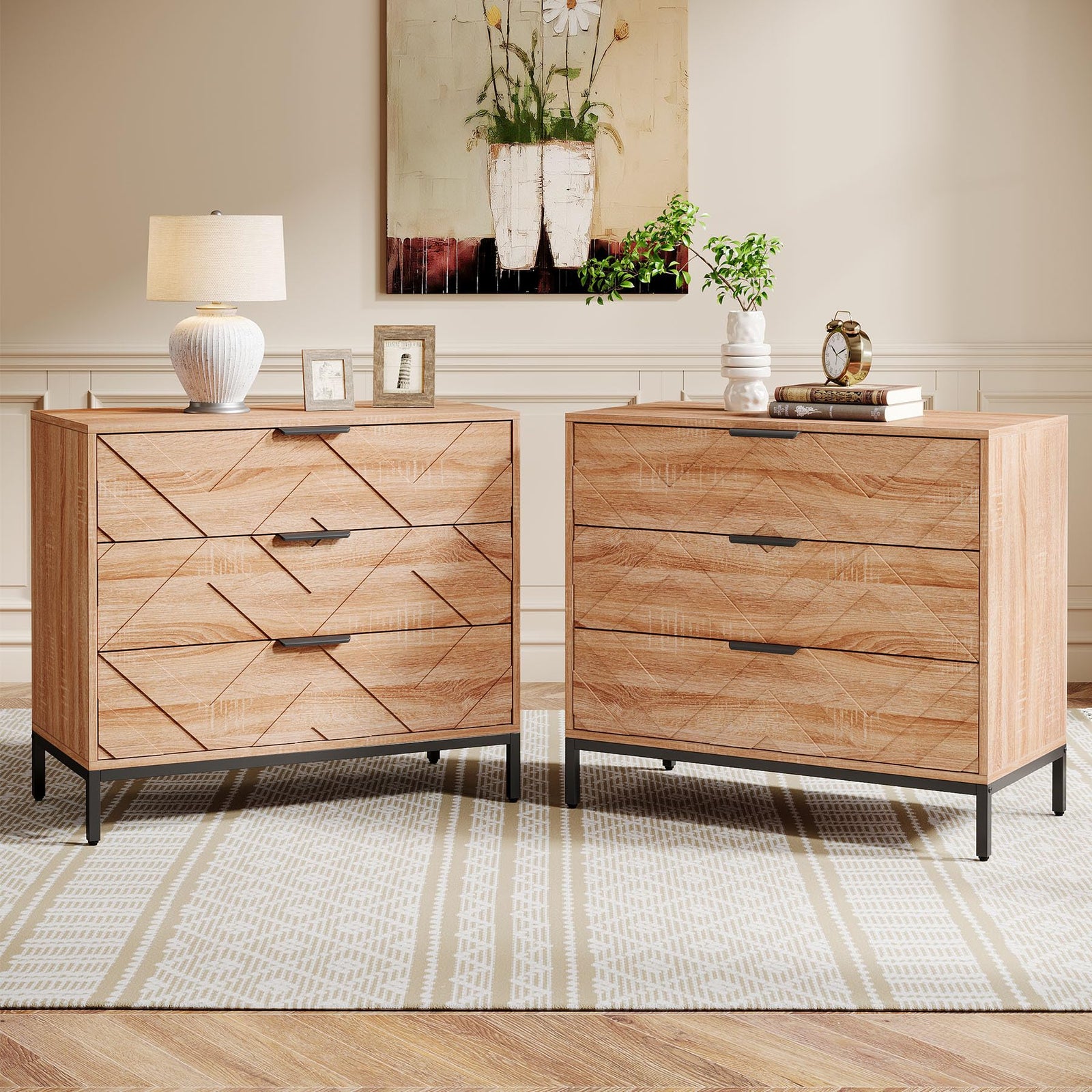 Tribesigns Wooden Nightstand Set of 2 with 3 Drawers, 31" Wide Night Stand with Metal Legs, Modern Large Bedside End Table for Bedroom, Living Room 