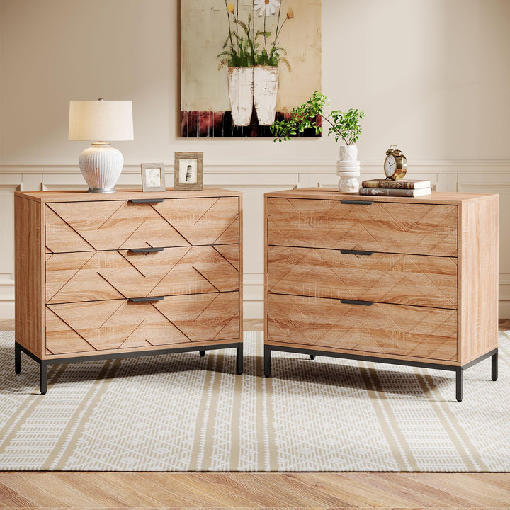 Tribesigns Wooden Nightstand Set of 2 with 3 Drawers, 31" Wide Night Stand with Metal Legs, Modern Large Bedside End Table for Bedroom, Living Room 