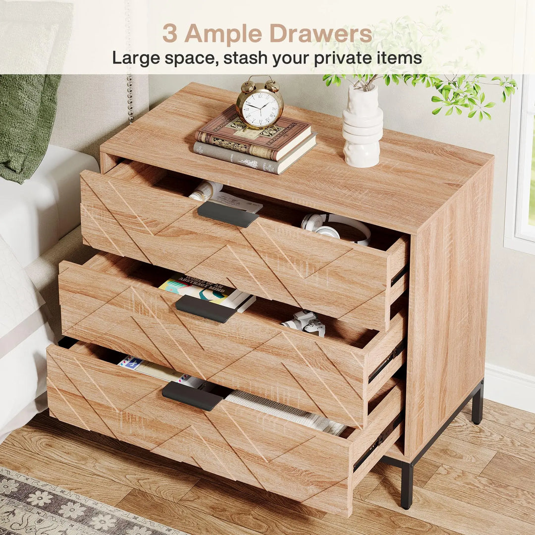 Tribesigns Wooden Nightstand Set of 2 with 3 Drawers, 31" Wide Night Stand with Metal Legs, Modern Large Bedside End Table for Bedroom, Living Room 