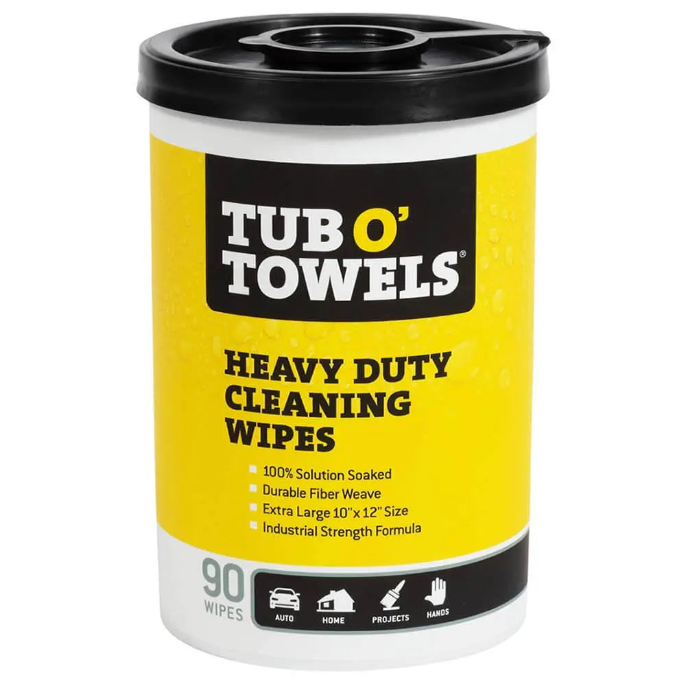 Tub O' Towels Heavy Duty Cleaning Wipes canister, 90 count, 10"x12" size, effective for tough stains and messes.