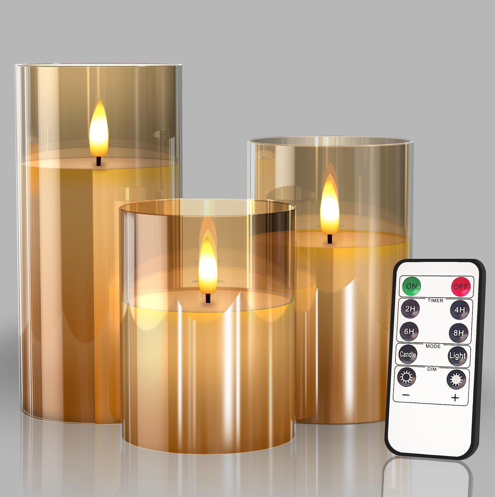 Tyawon Glass Battery Operated LED Flameless Candles with Remote and Timer, Real Wax Candles Warm Color Flickering Light for Festival Wedding Home Party Decor(Pack of 3)-Gold 