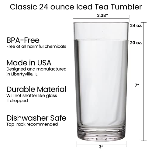 US Acrylic Classic Clear Plastic Reusable Drinking Glasses (Set of 6) 24oz Iced-Tea Cups | BPA-Free Tumblers, Made in USA | Top-Rack Dishwasher Safe US Acrylic