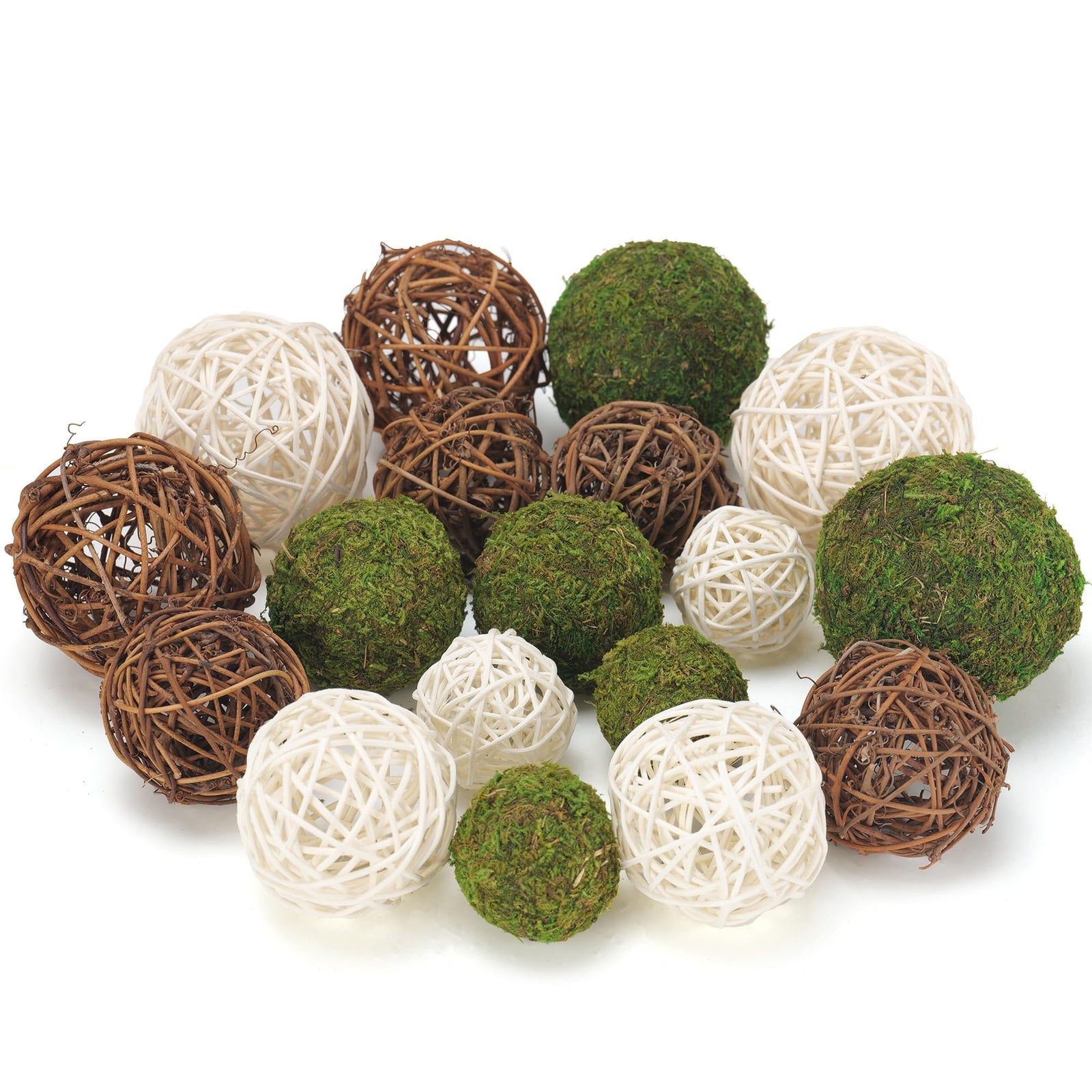 USMOLA 18Pcs Decorative Balls for Centerpiece Bowl - 6Pcs Fake Moss Balls + 12Pcs Rattan Wicker Balls, Artificial Moss Decorative Balls Vase Fillers for Home Garden Wedding Party Decor (Rustic) 