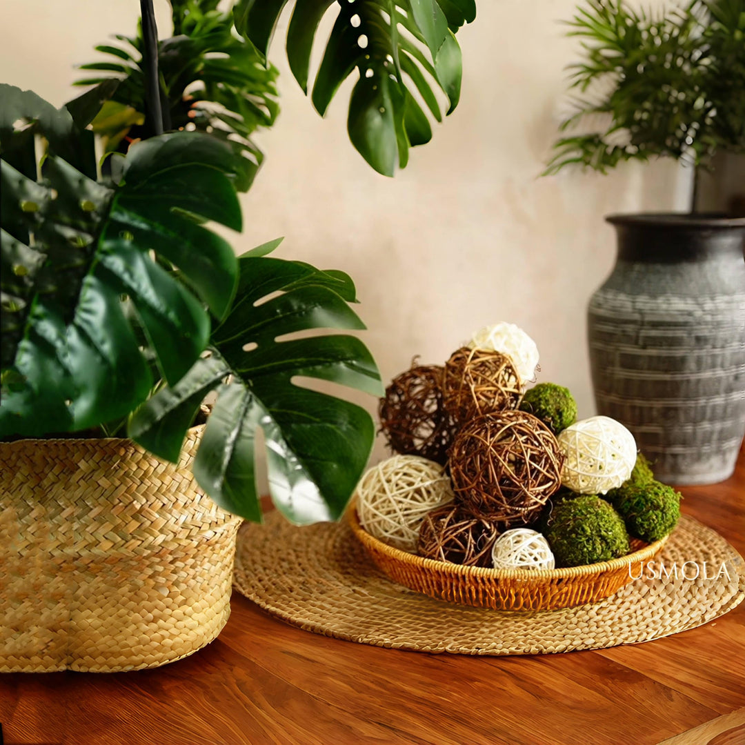 USMOLA 18Pcs Decorative Balls for Centerpiece Bowl - 6Pcs Fake Moss Balls + 12Pcs Rattan Wicker Balls, Artificial Moss Decorative Balls Vase Fillers for Home Garden Wedding Party Decor (Rustic) 