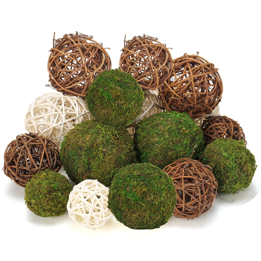 USMOLA 18Pcs Decorative Balls for Centerpiece Bowl - 6Pcs Fake Moss Balls + 12Pcs Rattan Wicker Balls, Artificial Moss Decorative Balls Vase Fillers for Home Garden Wedding Party Decor (Rustic)