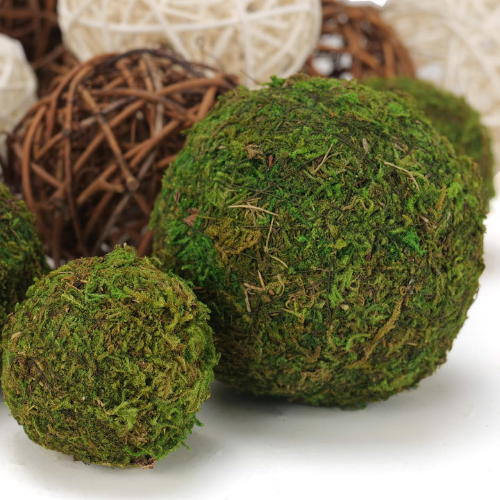 USMOLA 18Pcs Decorative Balls for Centerpiece Bowl - 6Pcs Fake Moss Balls + 12Pcs Rattan Wicker Balls, Artificial Moss Decorative Balls Vase Fillers for Home Garden Wedding Party Decor (Rustic) 