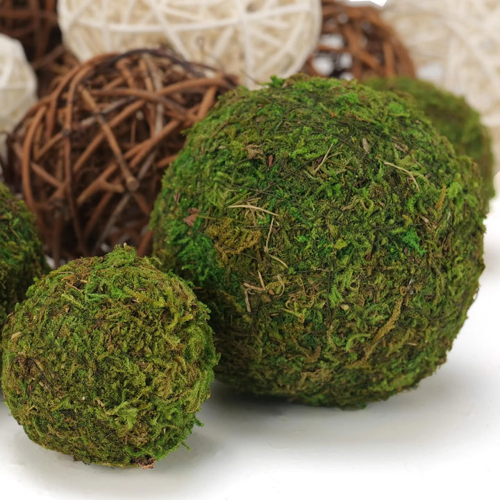 USMOLA 18Pcs Decorative Balls for Centerpiece Bowl - 6Pcs Fake Moss Balls + 12Pcs Rattan Wicker Balls, Artificial Moss Decorative Balls Vase Fillers for Home Garden Wedding Party Decor (Rustic)