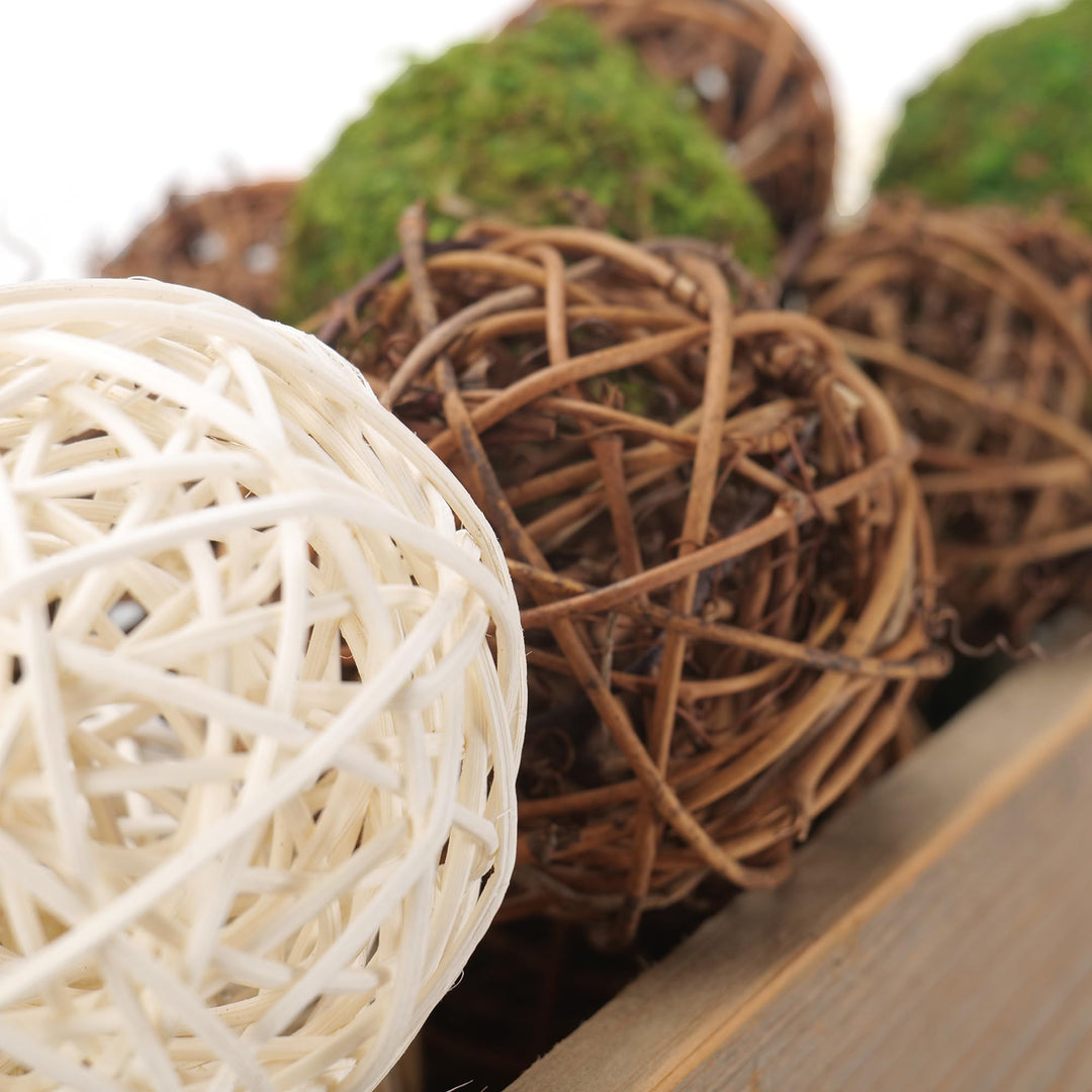 USMOLA 18Pcs Decorative Balls for Centerpiece Bowl - 6Pcs Fake Moss Balls + 12Pcs Rattan Wicker Balls, Artificial Moss Decorative Balls Vase Fillers for Home Garden Wedding Party Decor (Rustic) 
