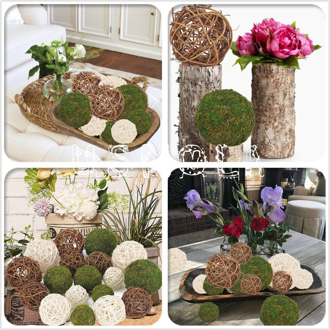 USMOLA 18Pcs Decorative Balls for Centerpiece Bowl - 6Pcs Fake Moss Balls + 12Pcs Rattan Wicker Balls, Artificial Moss Decorative Balls Vase Fillers for Home Garden Wedding Party Decor (Rustic) 
