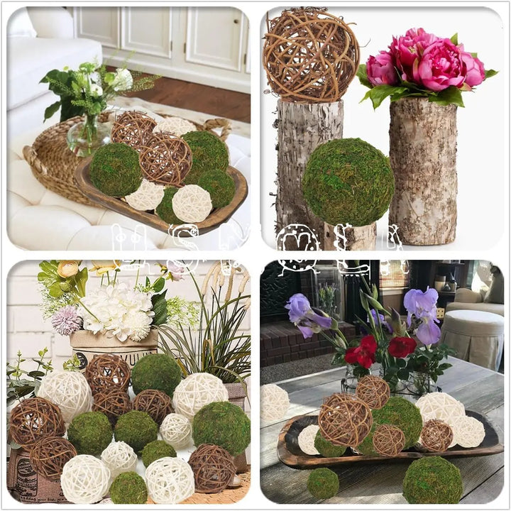 USMOLA 18Pcs Decorative Balls for Centerpiece Bowl - 6Pcs Fake Moss Balls + 12Pcs Rattan Wicker Balls, Artificial Moss Decorative Balls Vase Fillers for Home Garden Wedding Party Decor (Rustic)