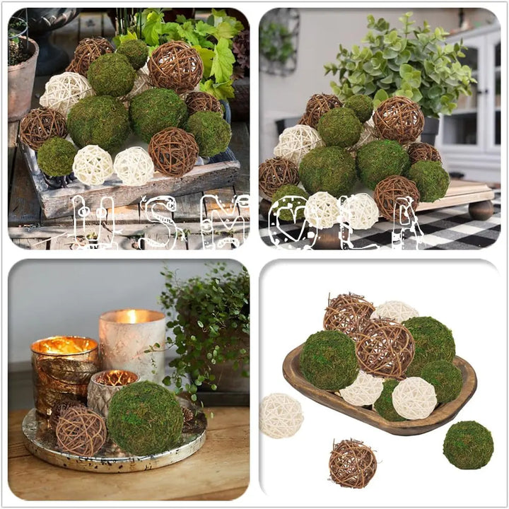 USMOLA 18Pcs Decorative Balls for Centerpiece Bowl - 6Pcs Fake Moss Balls + 12Pcs Rattan Wicker Balls, Artificial Moss Decorative Balls Vase Fillers for Home Garden Wedding Party Decor (Rustic)