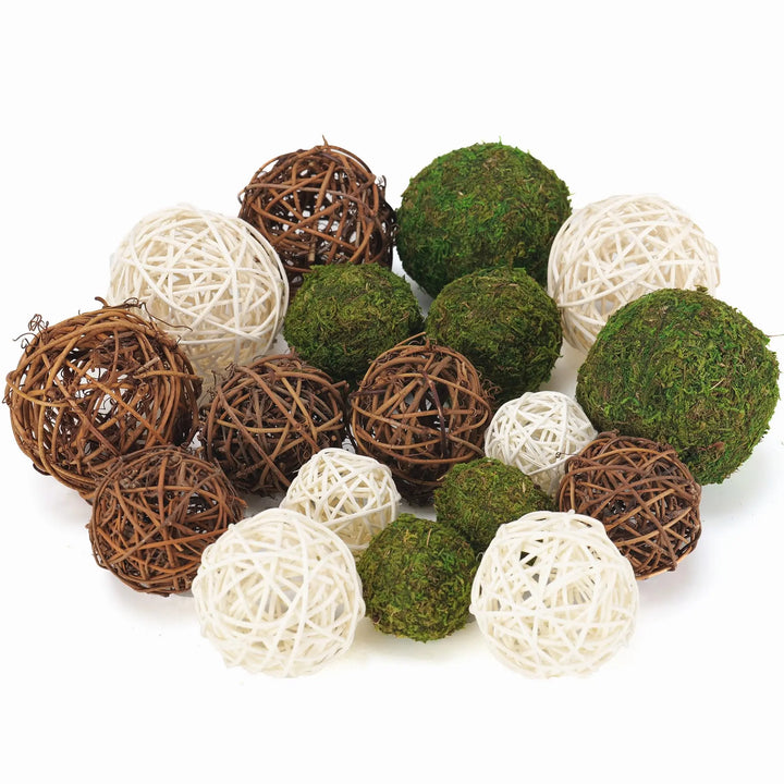 USMOLA 18Pcs Decorative Balls for Centerpiece Bowl - 6Pcs Fake Moss Balls + 12Pcs Rattan Wicker Balls, Artificial Moss Decorative Balls Vase Fillers for Home Garden Wedding Party Decor (Rustic)