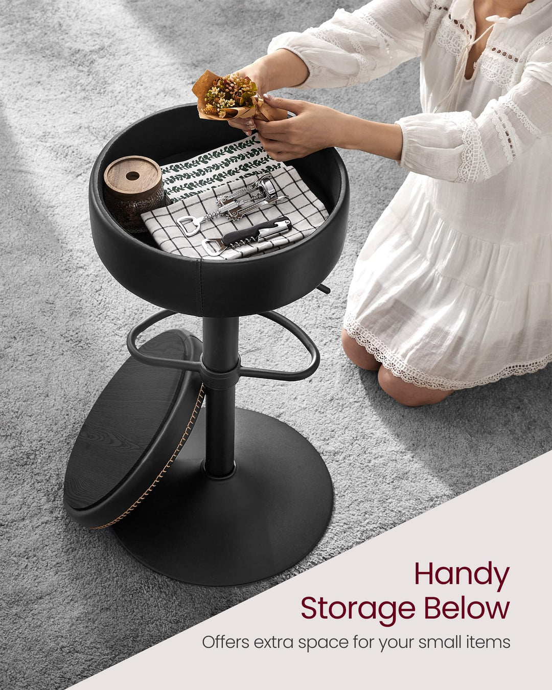 VASAGLE 360° Swivel Bar Stool, Height Adjustable, with Storage 