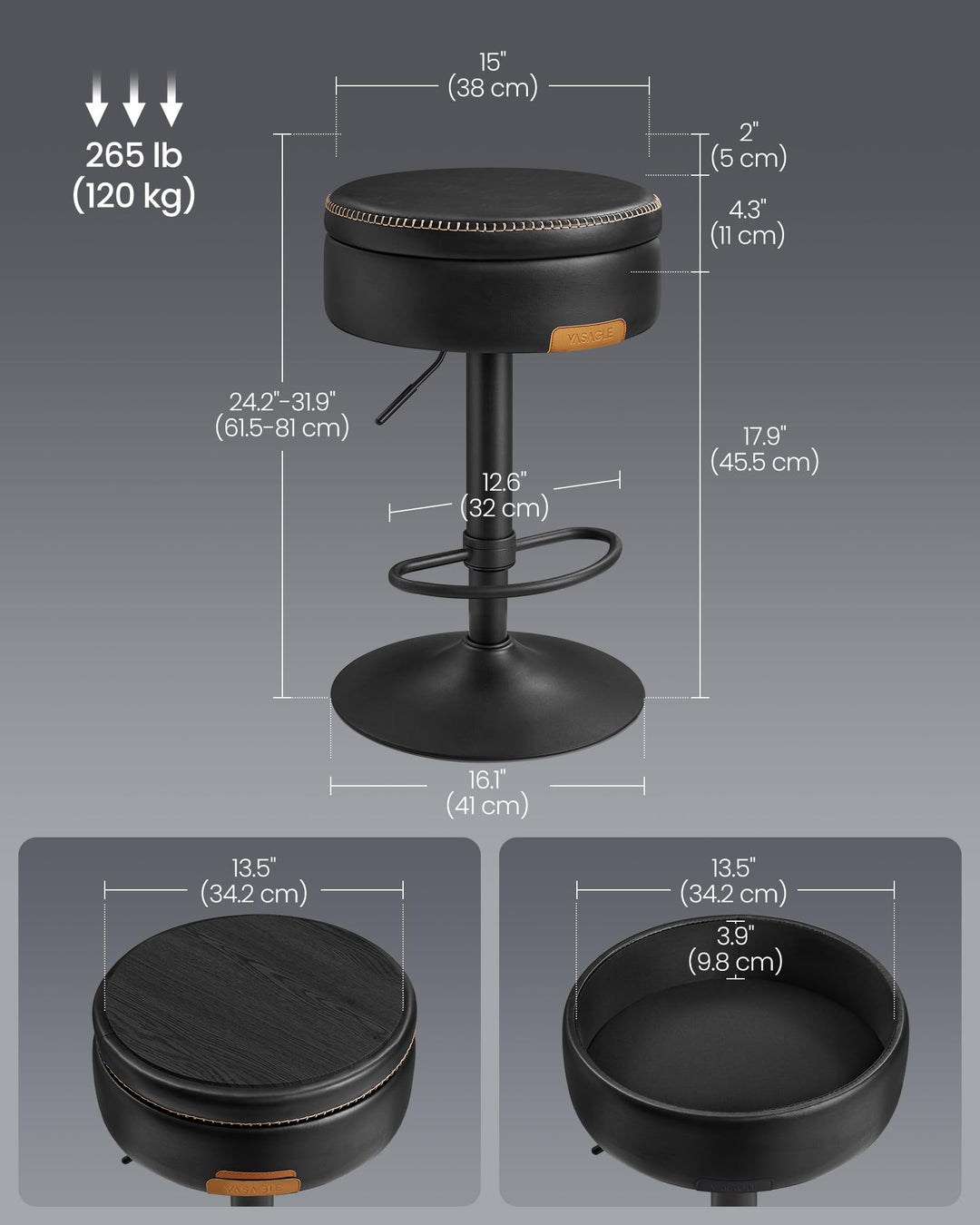 VASAGLE 360° Swivel Bar Stool, Height Adjustable, with Storage 