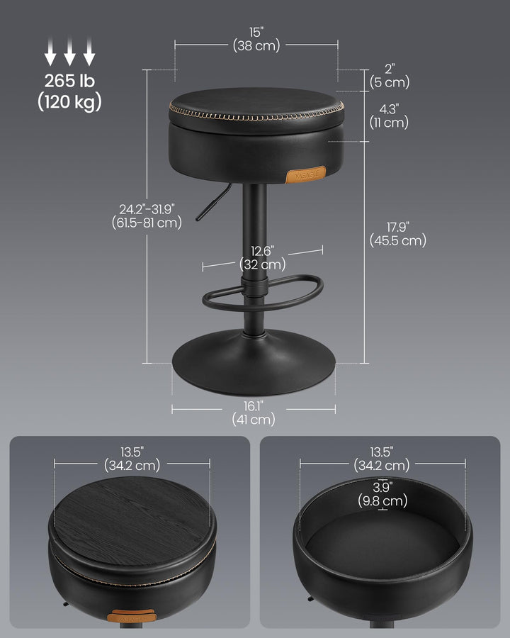 VASAGLE 360° Swivel Bar Stool, Height Adjustable, with Storage 