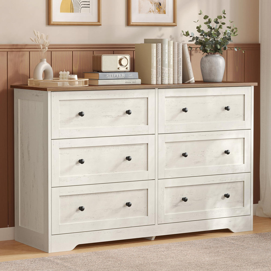 VASAGLE 6-Drawer Dresser, Engineered Wood Chest of Drawers, Large Capacity Storage Cabinet, 47.2 x 15.7 x 30.7 in, Cloud White and Warm Brown, for Bedroom, Living Room, Siren Collection ULTS663WJ02S 