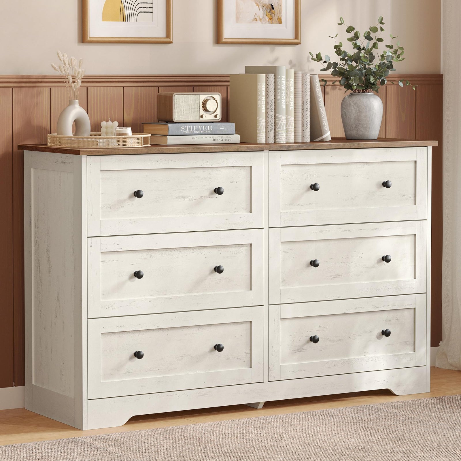 VASAGLE 6-Drawer Dresser, Engineered Wood Chest of Drawers, Large Capacity Storage Cabinet, 47.2 x 15.7 x 30.7 in, Cloud White and Warm Brown, for Bedroom, Living Room, Siren Collection ULTS663WJ02S 
