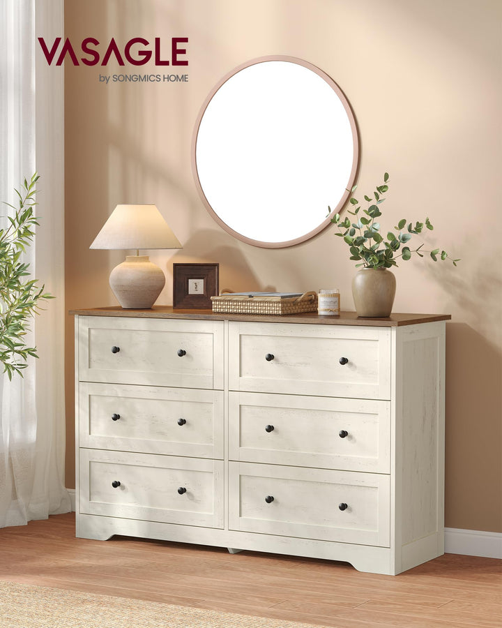 VASAGLE 6-Drawer Dresser, Engineered Wood Chest of Drawers, Large Capacity Storage Cabinet, 47.2 x 15.7 x 30.7 in, Cloud White and Warm Brown, for Bedroom, Living Room, Siren Collection ULTS663WJ02S 