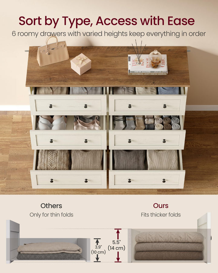 VASAGLE 6-Drawer Dresser, Engineered Wood Chest of Drawers, Large Capacity Storage Cabinet, 47.2 x 15.7 x 30.7 in, Cloud White and Warm Brown, for Bedroom, Living Room, Siren Collection ULTS663WJ02S 